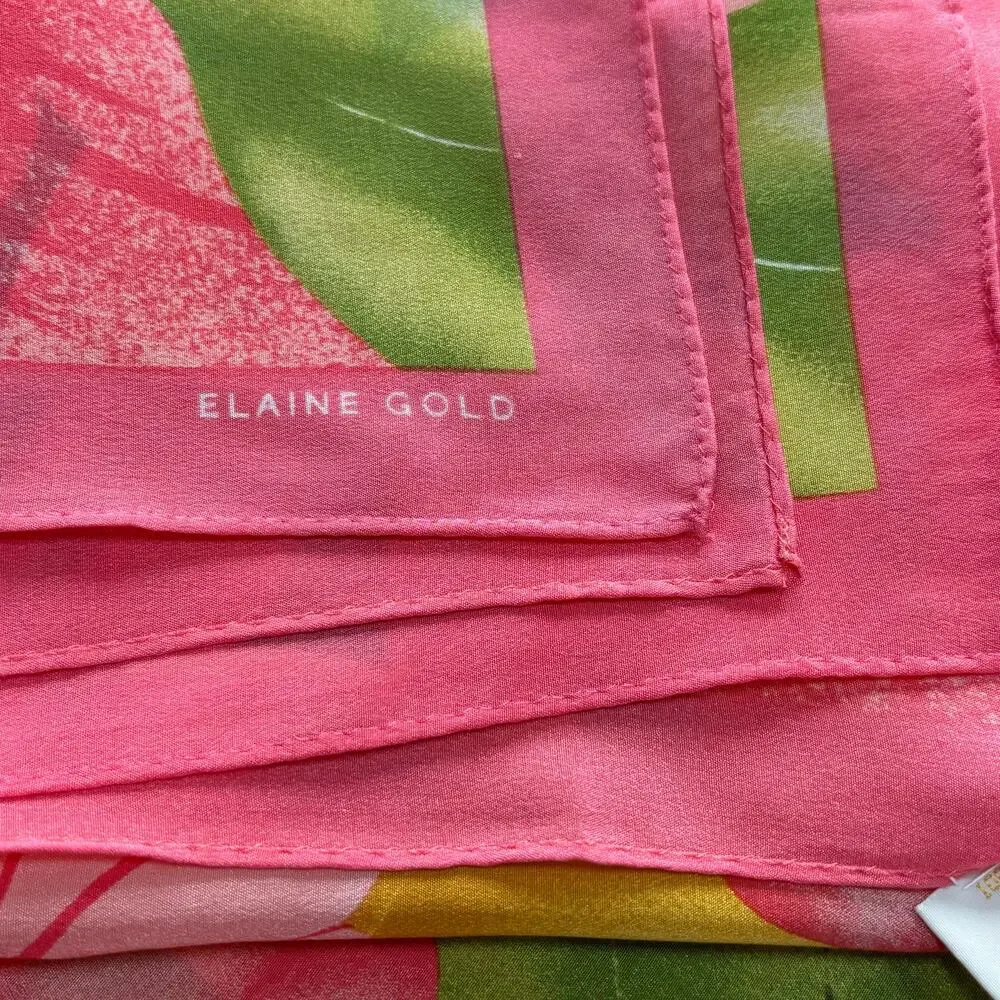Colorful silk scarf by Elaine Gold vintage 80s large square peachy flower power